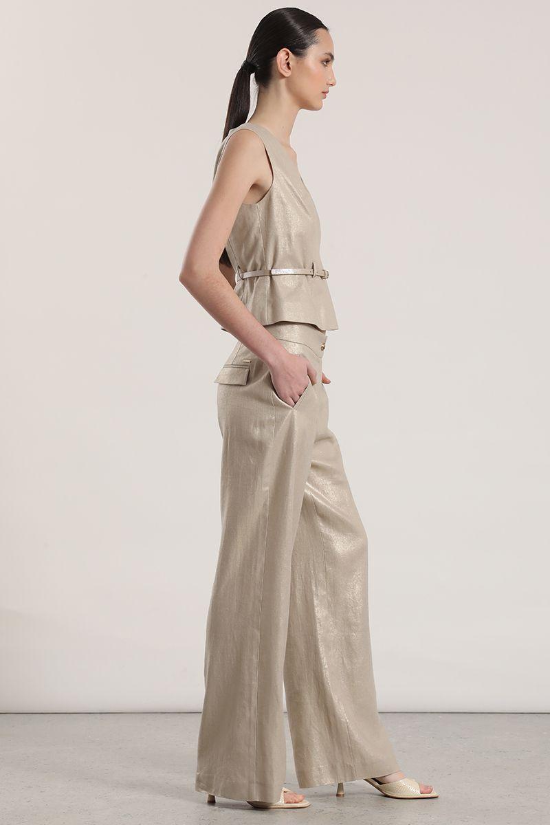 Pantalón ancho lino folia liola mujer beige-1
