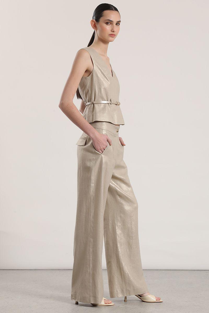 Pantalón ancho lino folia liola mujer beige-2