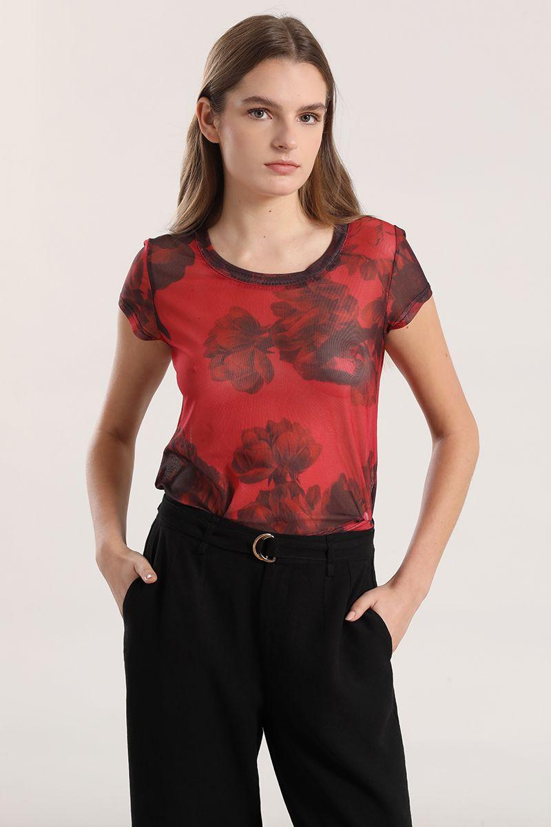 Polera malla estampada mujer Liola rojo-0