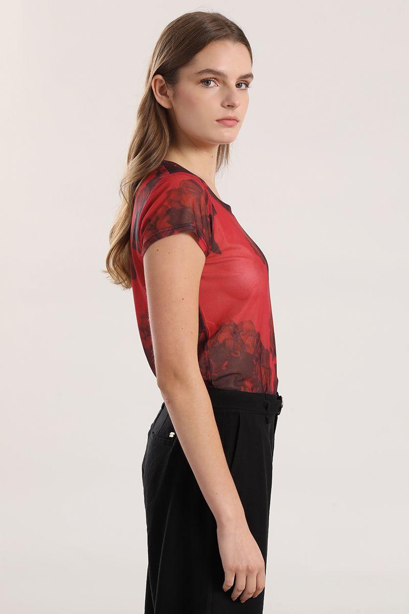 Polera malla estampada mujer Liola rojo-2