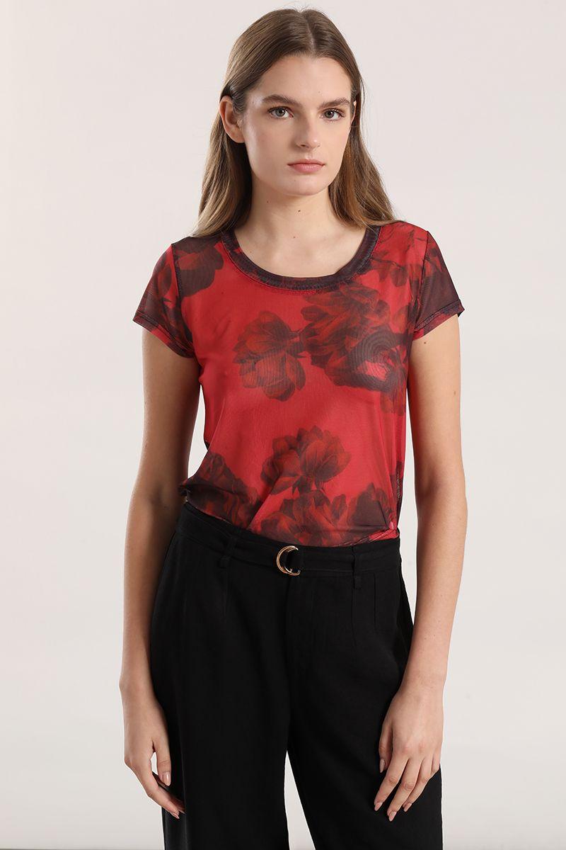 Polera malla estampada mujer Liola rojo-3