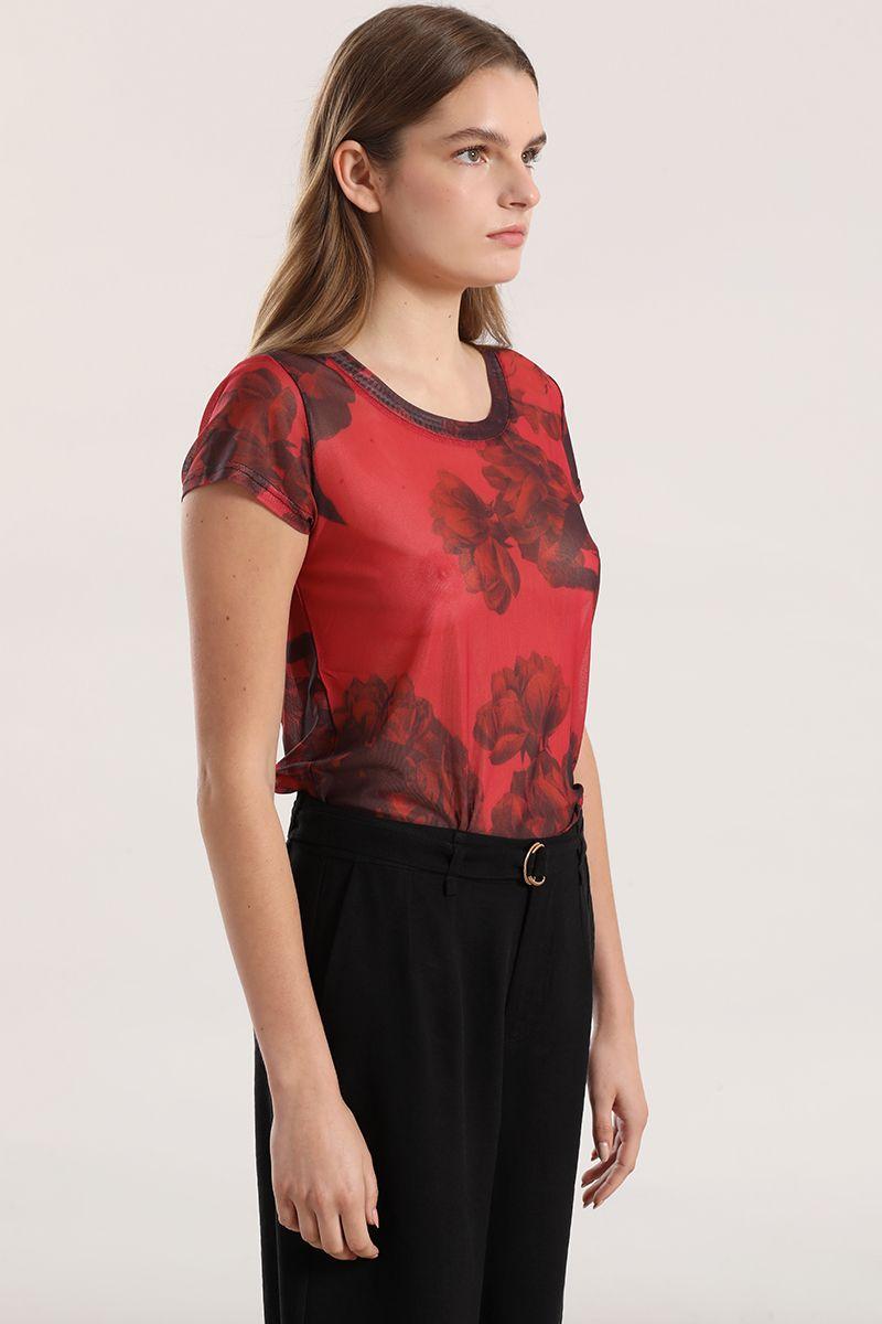 Polera malla estampada mujer Liola rojo-4