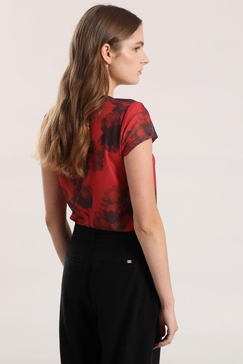 Polera malla estampada mujer Liola rojo-5