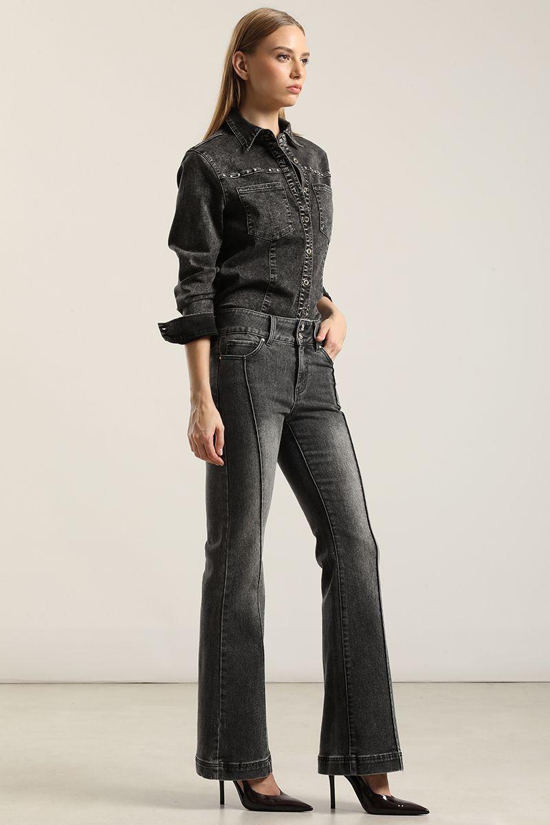 Jeans Flare, Tiro Medio, Gris Liola-0