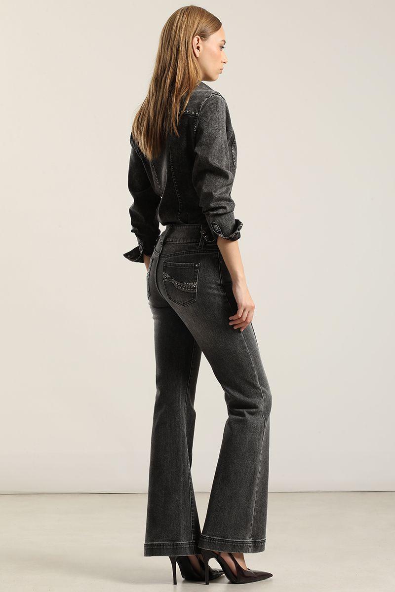 Jeans Flare, Tiro Medio, Gris Liola-2
