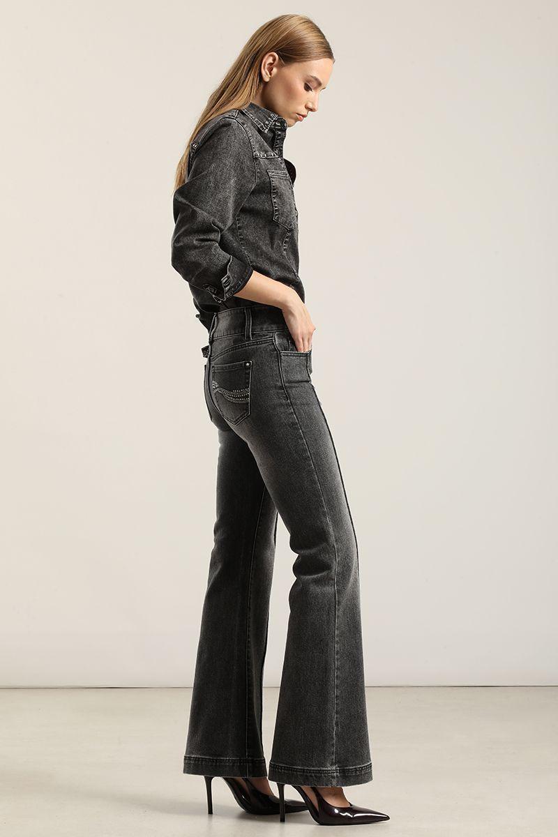 Jeans Flare, Tiro Medio, Gris Liola-5