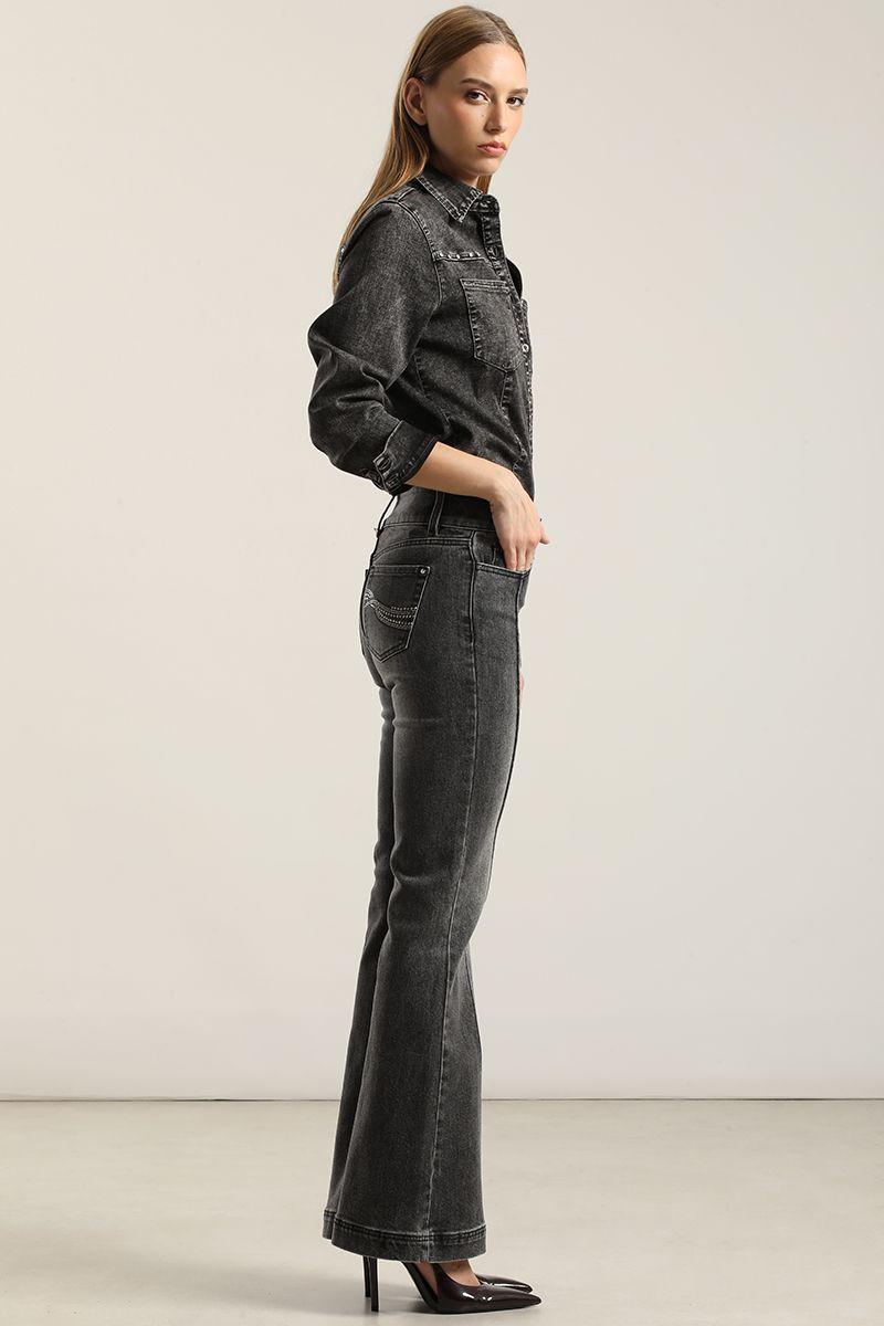 Jeans Flare, Tiro Medio, Gris Liola-6