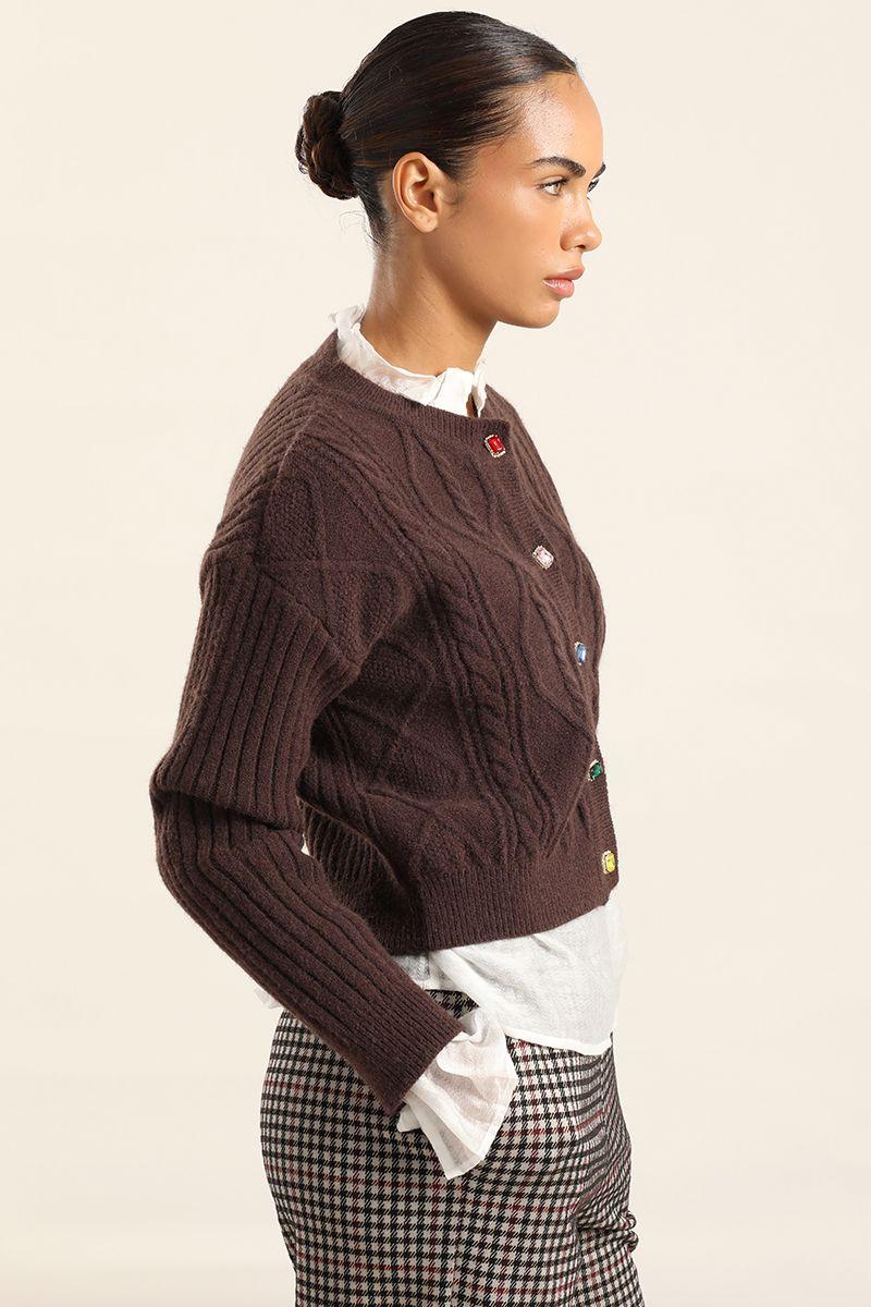 Cardigan Punto Boton Joya, Chocolate Liola-4