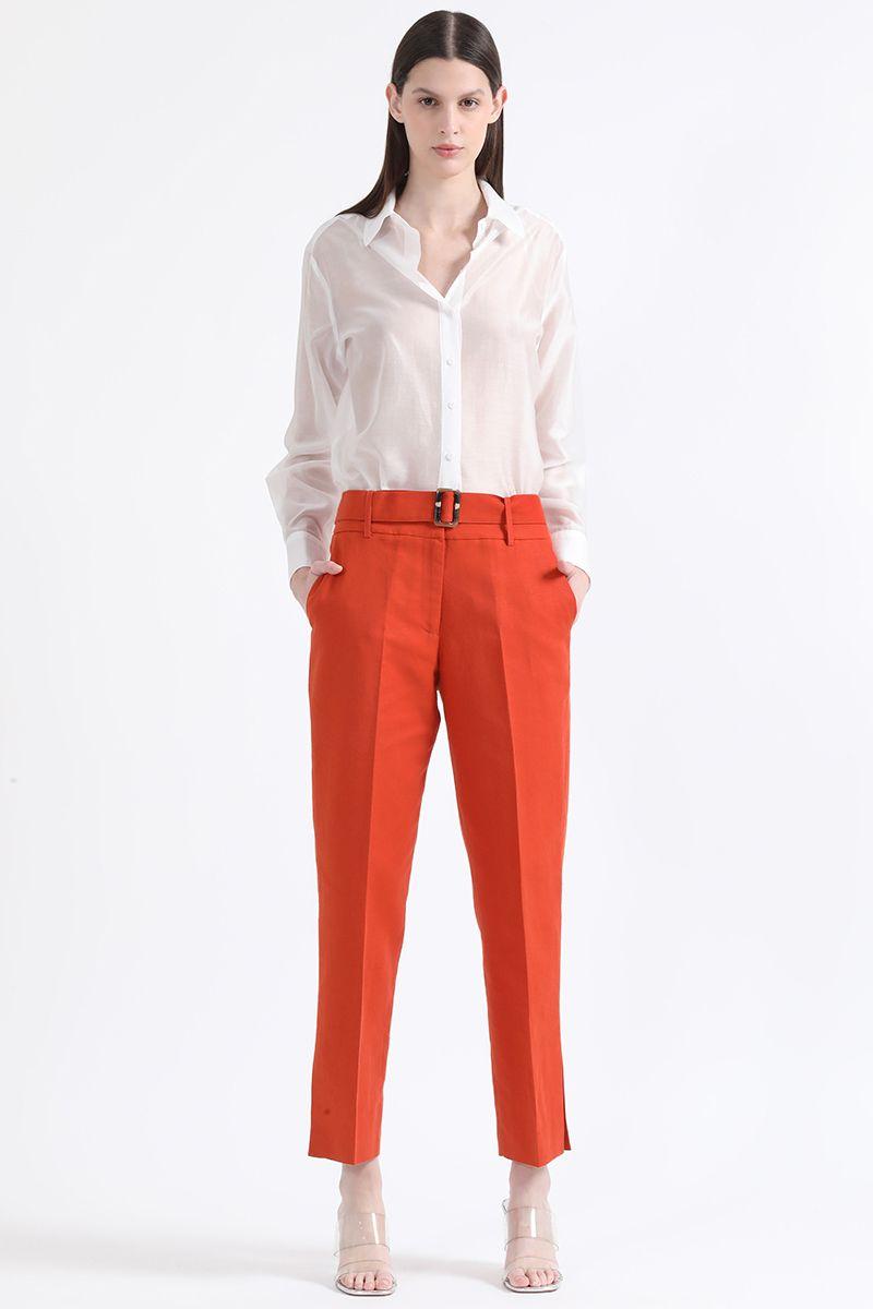 Pantalon Sastre Tiro Alto Con Cinturon, Lino, Oxido Liola-0
