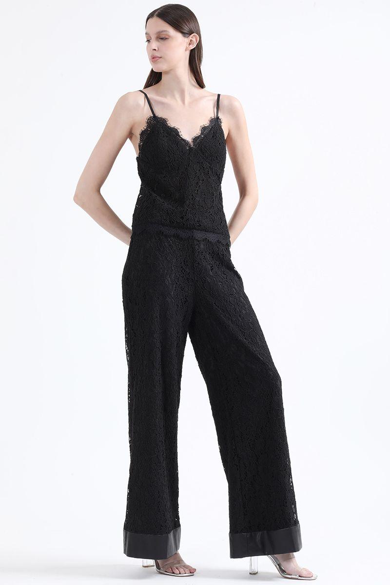 Pantalon Ancho Tiro Alto, Encaje, Negro Liola-0