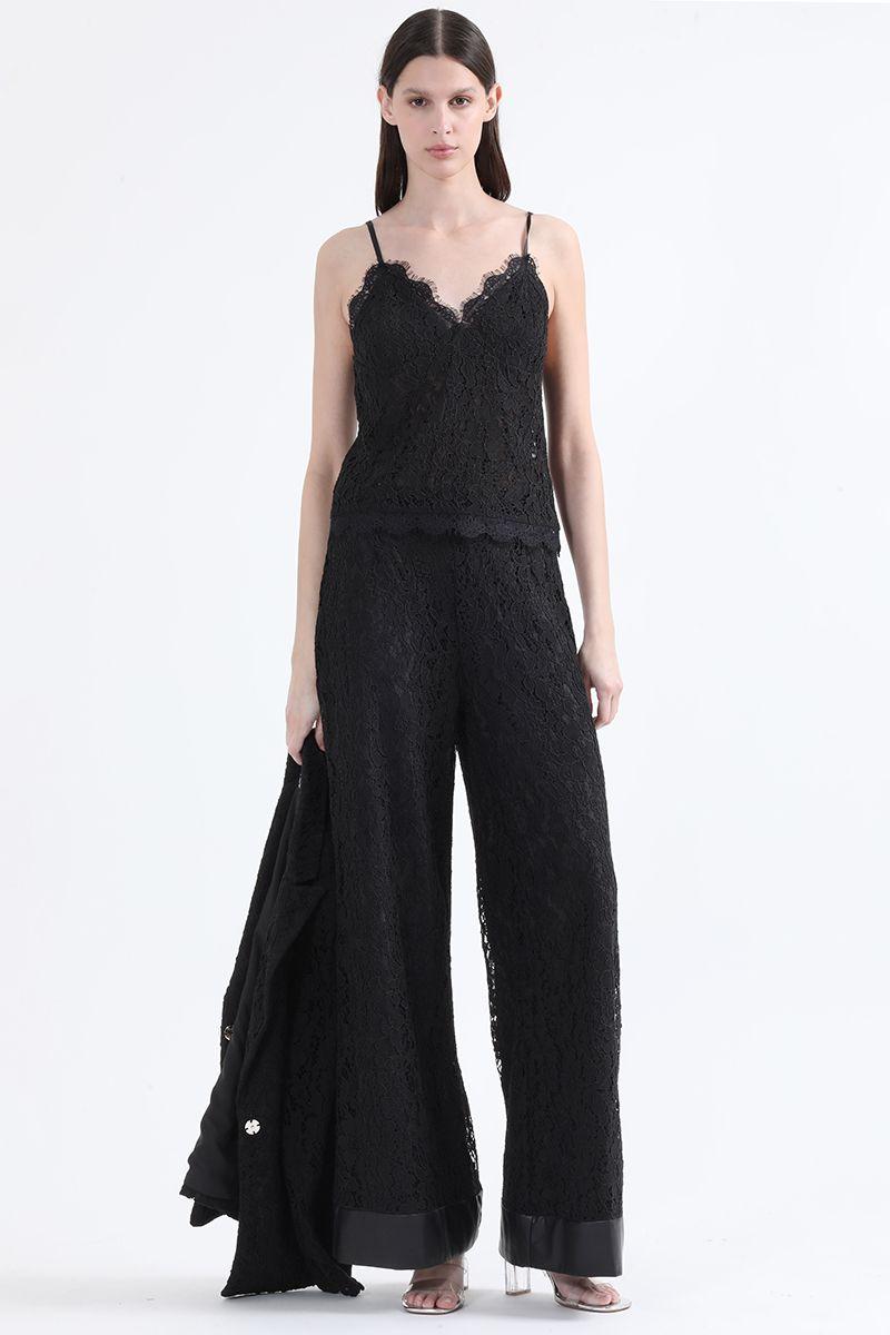 Pantalon Ancho Tiro Alto, Encaje, Negro Liola-1