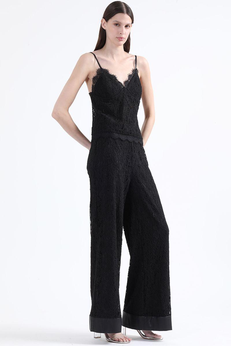 Pantalon Ancho Tiro Alto, Encaje, Negro Liola-2