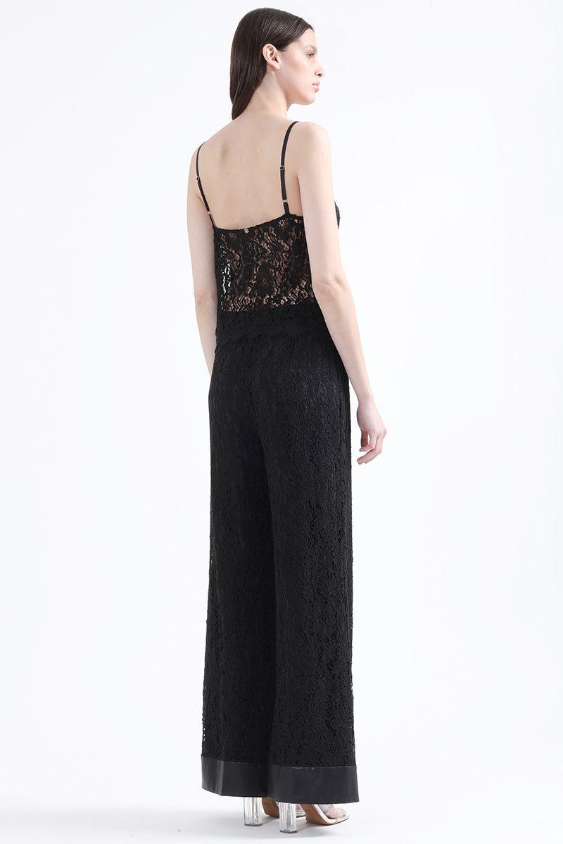 Pantalon Ancho Tiro Alto, Encaje, Negro Liola-3