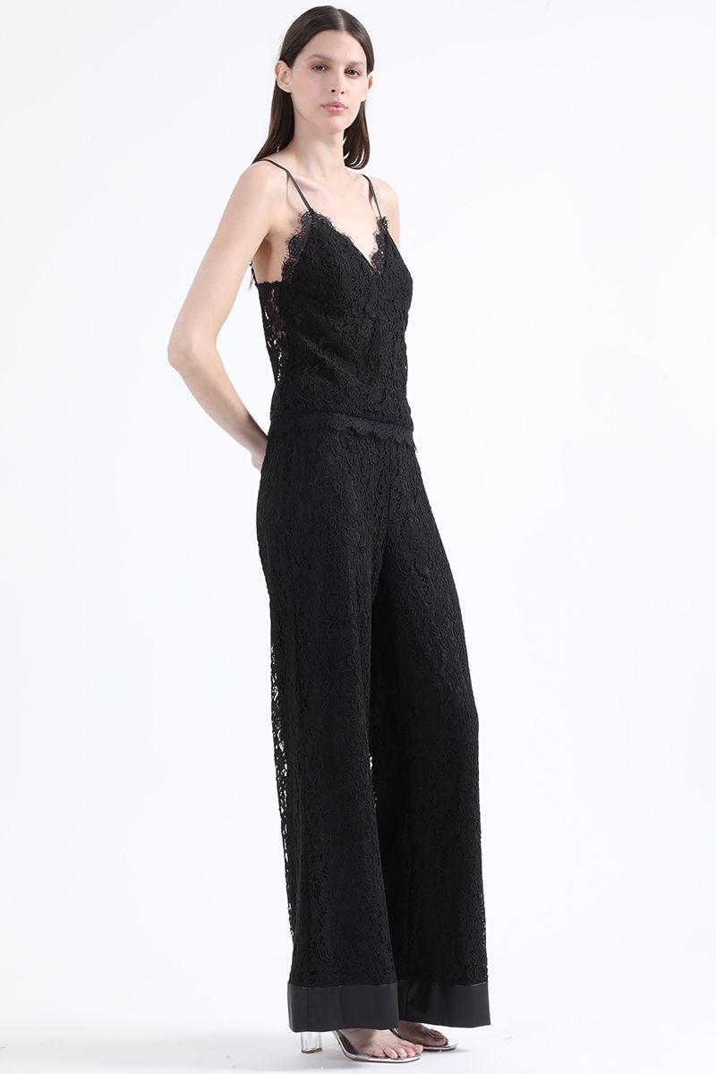 Pantalon Ancho Tiro Alto, Encaje, Negro Liola-4