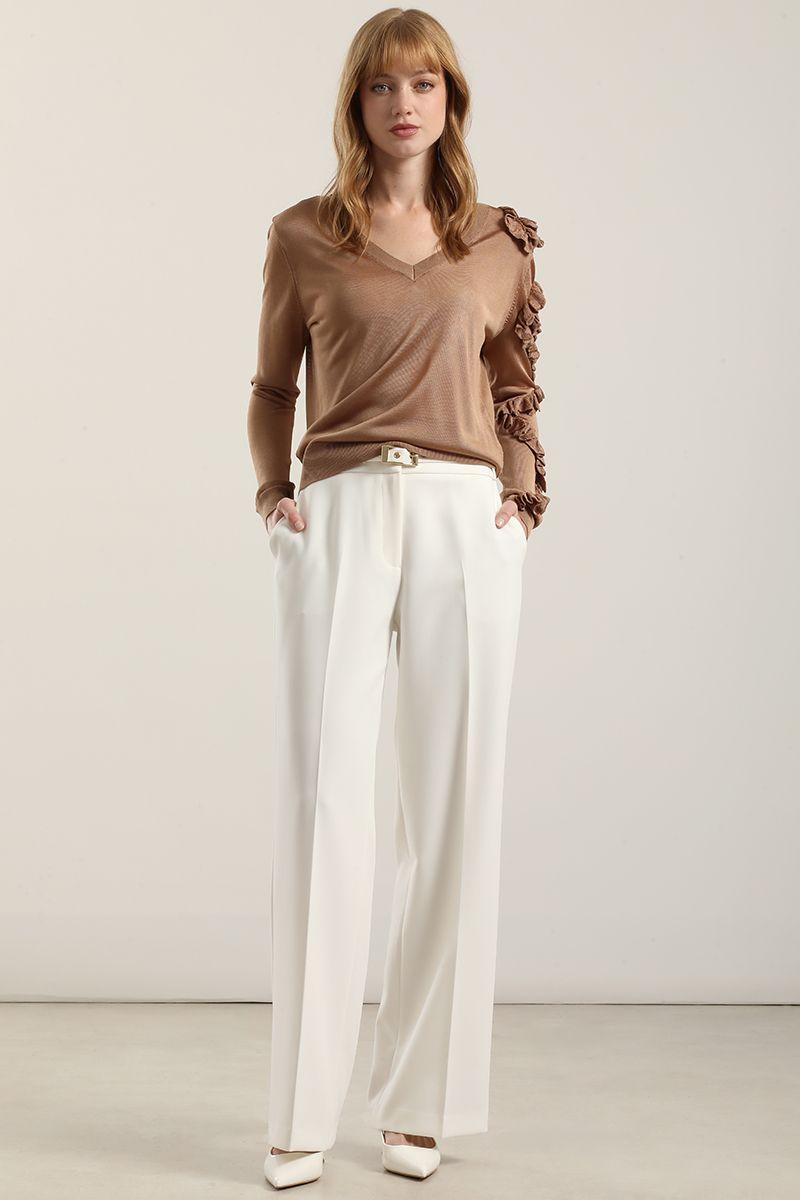 Jersey punto semitrasparente, volados, camel Liola-4