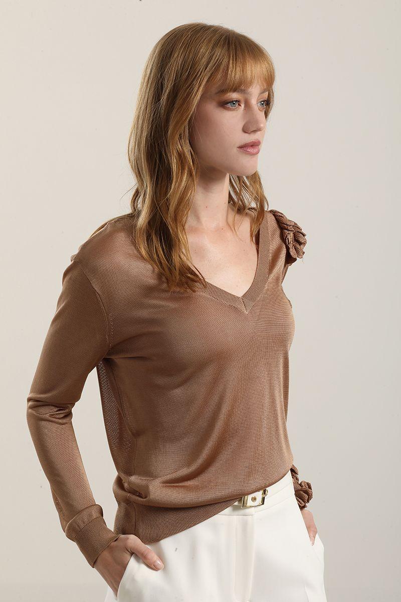 Jersey punto semitrasparente, volados, camel Liola-5