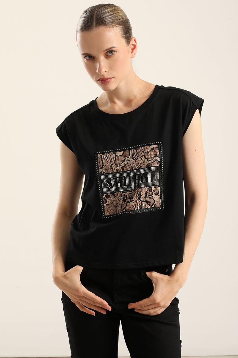 Polera Algodon  Aplicacion Savage, Negro Liola-2