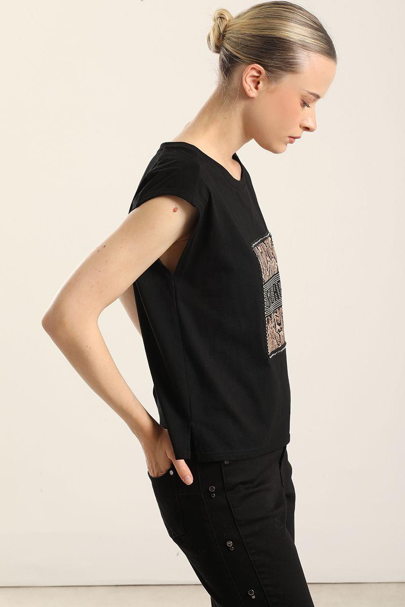 Polera Algodon  Aplicacion Savage, Negro Liola-4