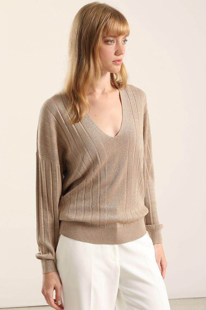 Jersey punto hilo metalizado, camel Liola-0