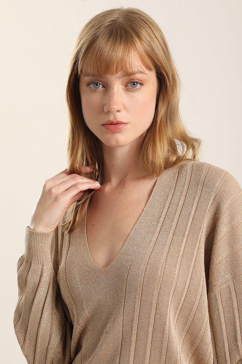 Jersey punto hilo metalizado, camel Liola-2