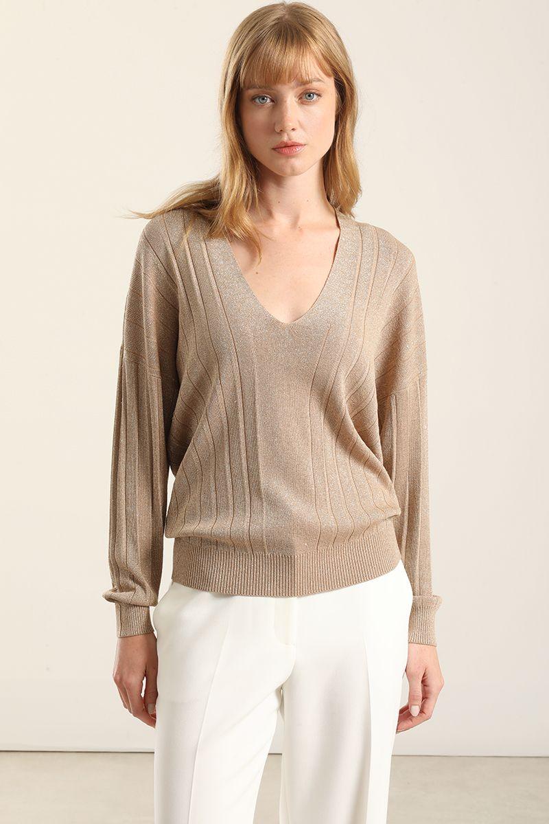 Jersey punto hilo metalizado, camel Liola-5