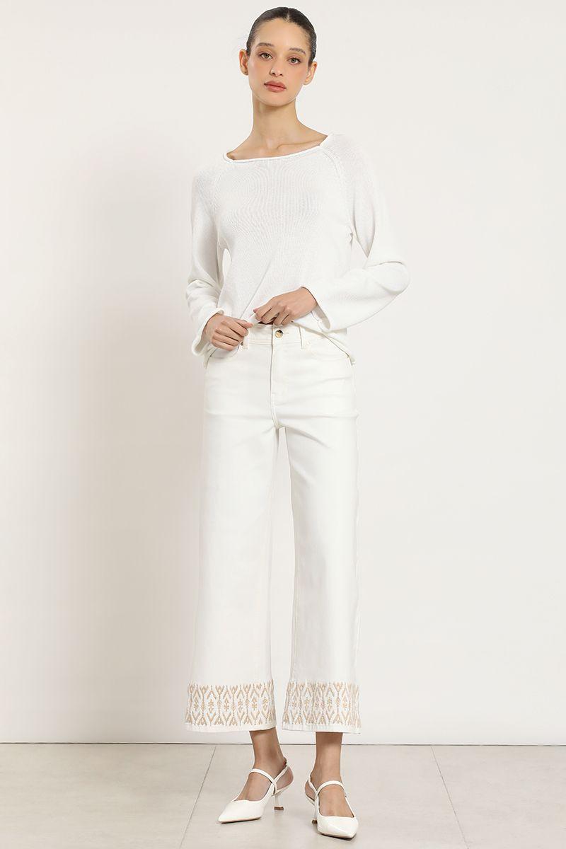 Jeans color wide leg, bordado, crudo Liola-0
