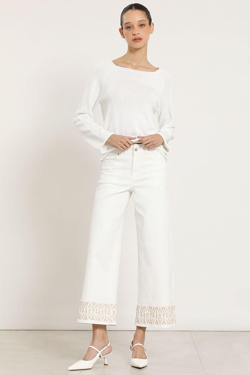 Jeans color wide leg, bordado, crudo Liola-4