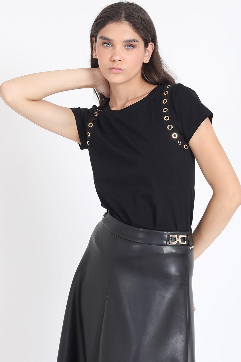 Polera Algodon, Aplicación Ojetillos, Negro Liola-2