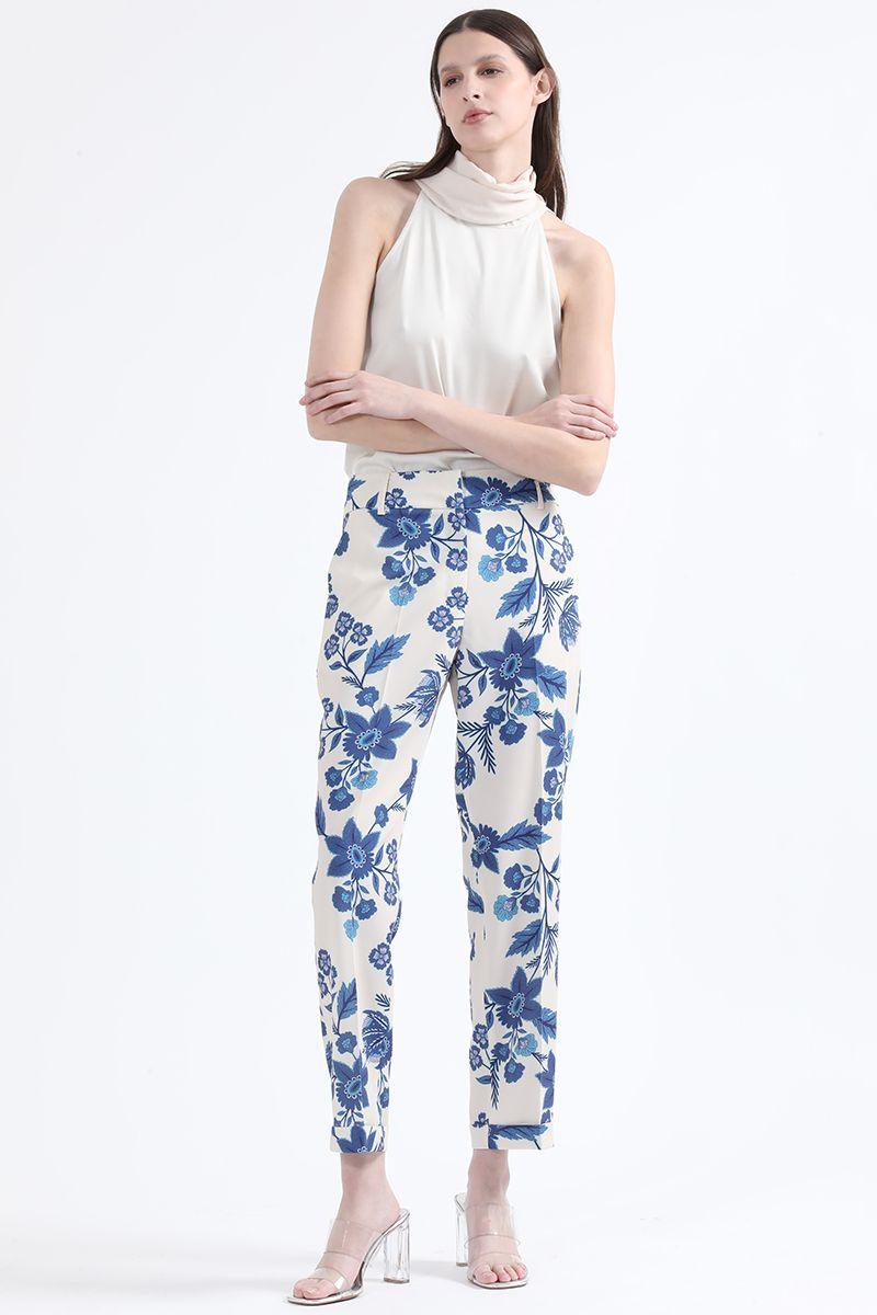 Pantalon Sastre Tiro Alto, Estampado Floral, Azul Liola-0