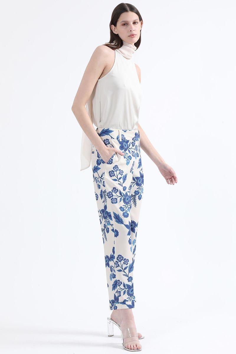 Pantalon Sastre Tiro Alto, Estampado Floral, Azul Liola-1