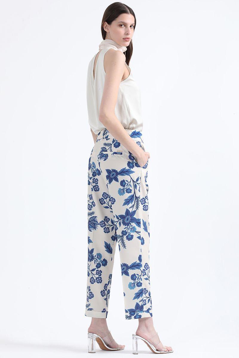 Pantalon Sastre Tiro Alto, Estampado Floral, Azul Liola-2
