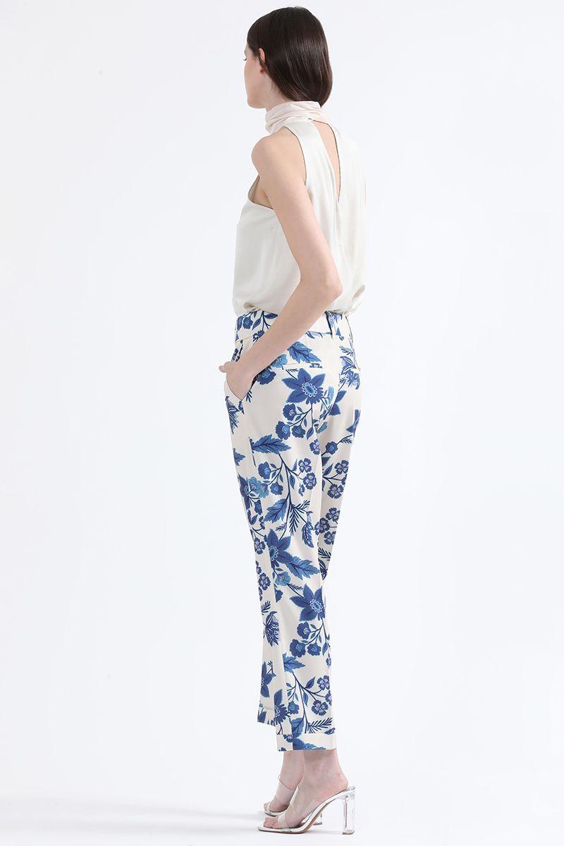 Pantalon Sastre Tiro Alto, Estampado Floral, Azul Liola-4