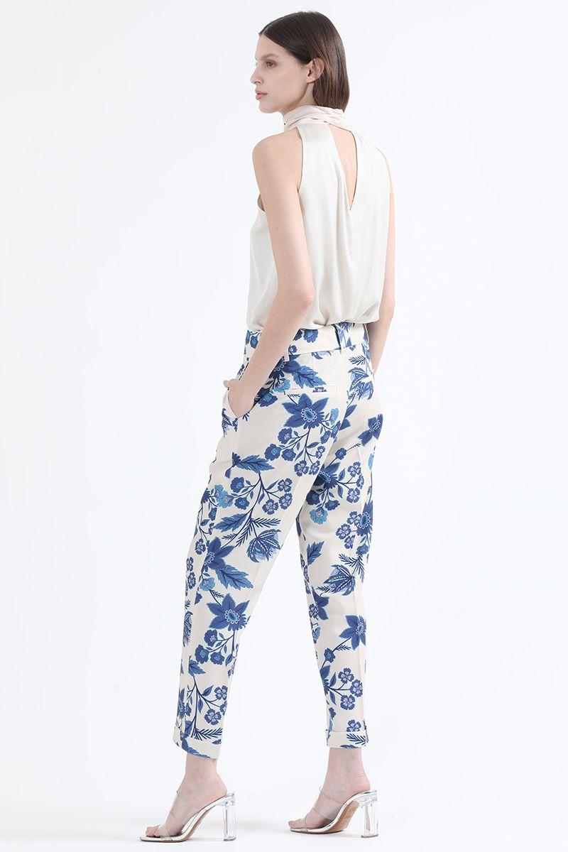 Pantalon Sastre Tiro Alto, Estampado Floral, Azul Liola-5