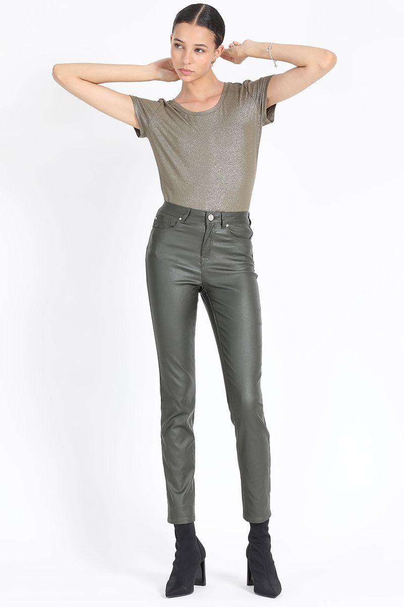 Pantalon Slim Tiro Medio, Coating Militar Liola-0