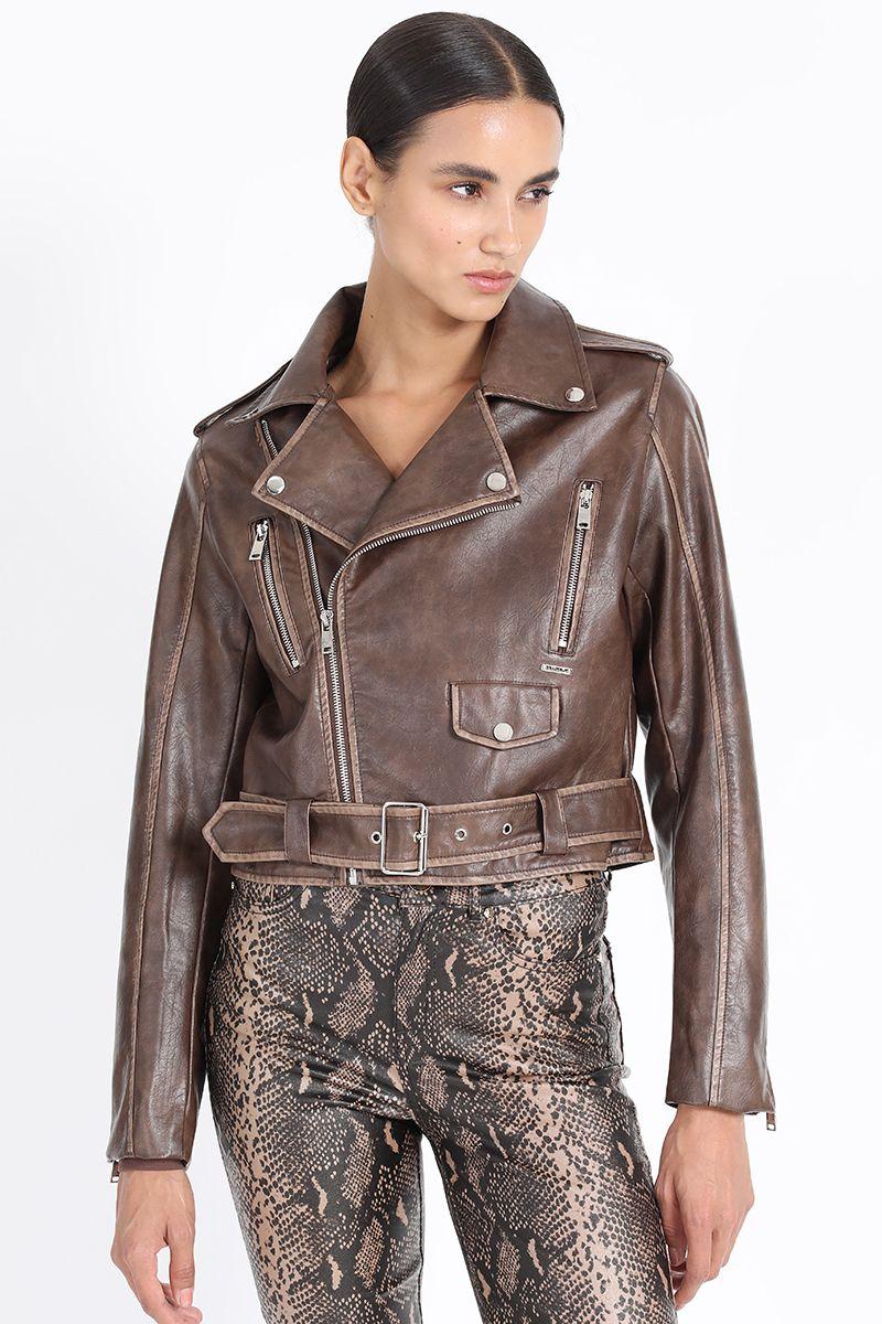 Chaqueta Biker Efecto Cuero Desgastado, Camel Liola-3