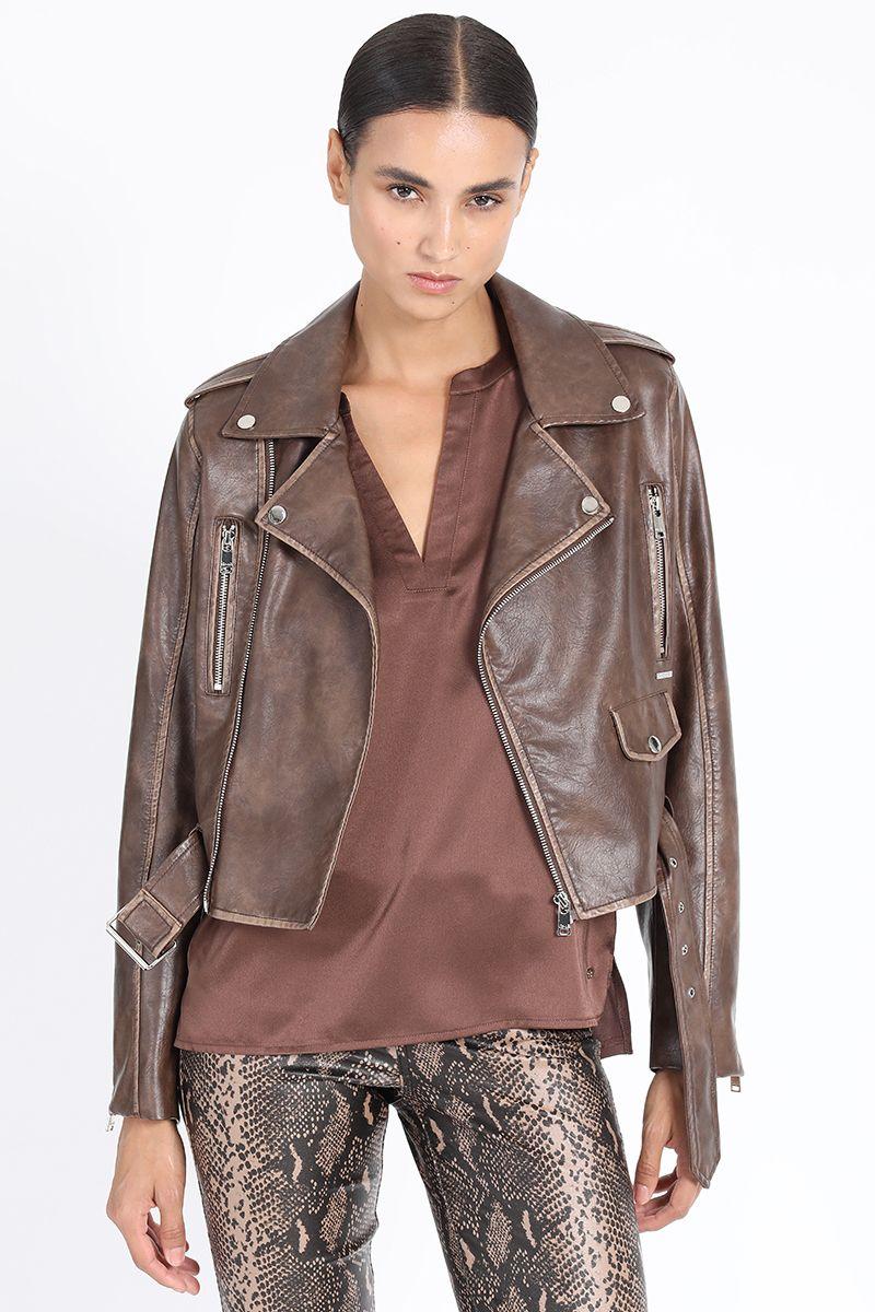 Chaqueta Biker Efecto Cuero Desgastado, Camel Liola-6