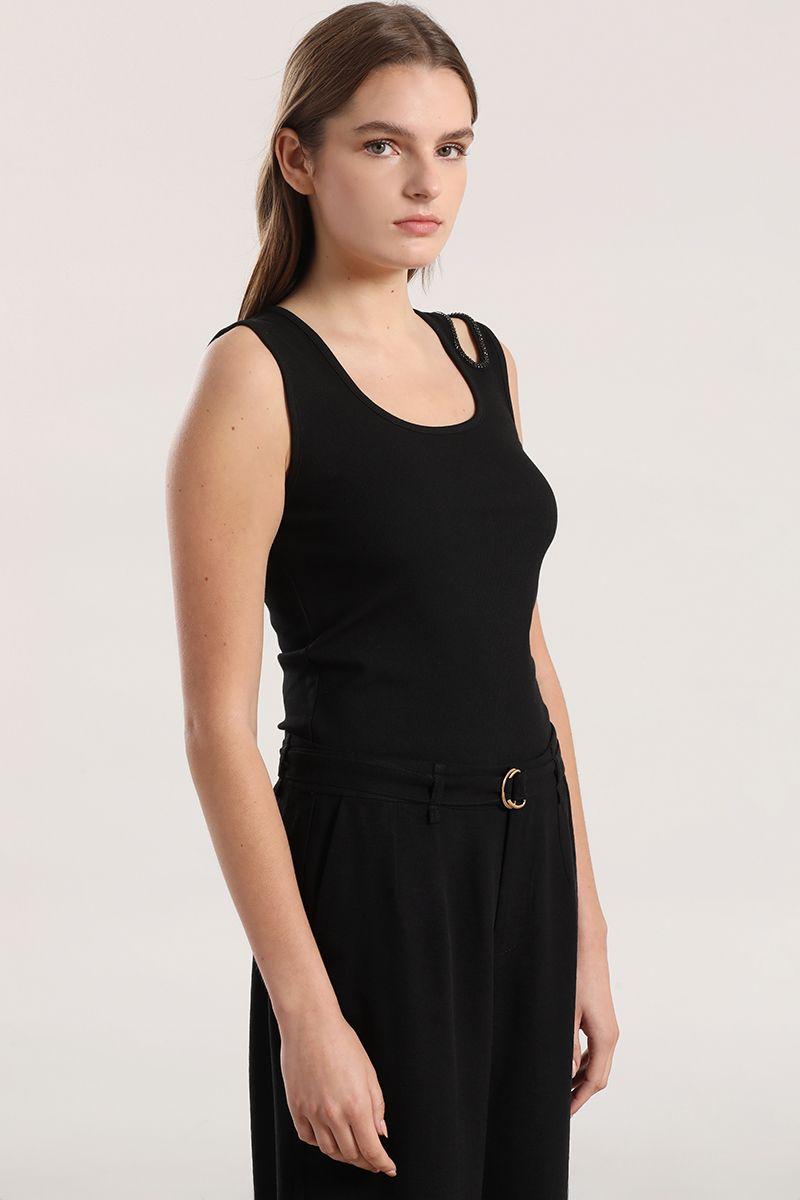 Top abertura strass mujer Liola negro-2