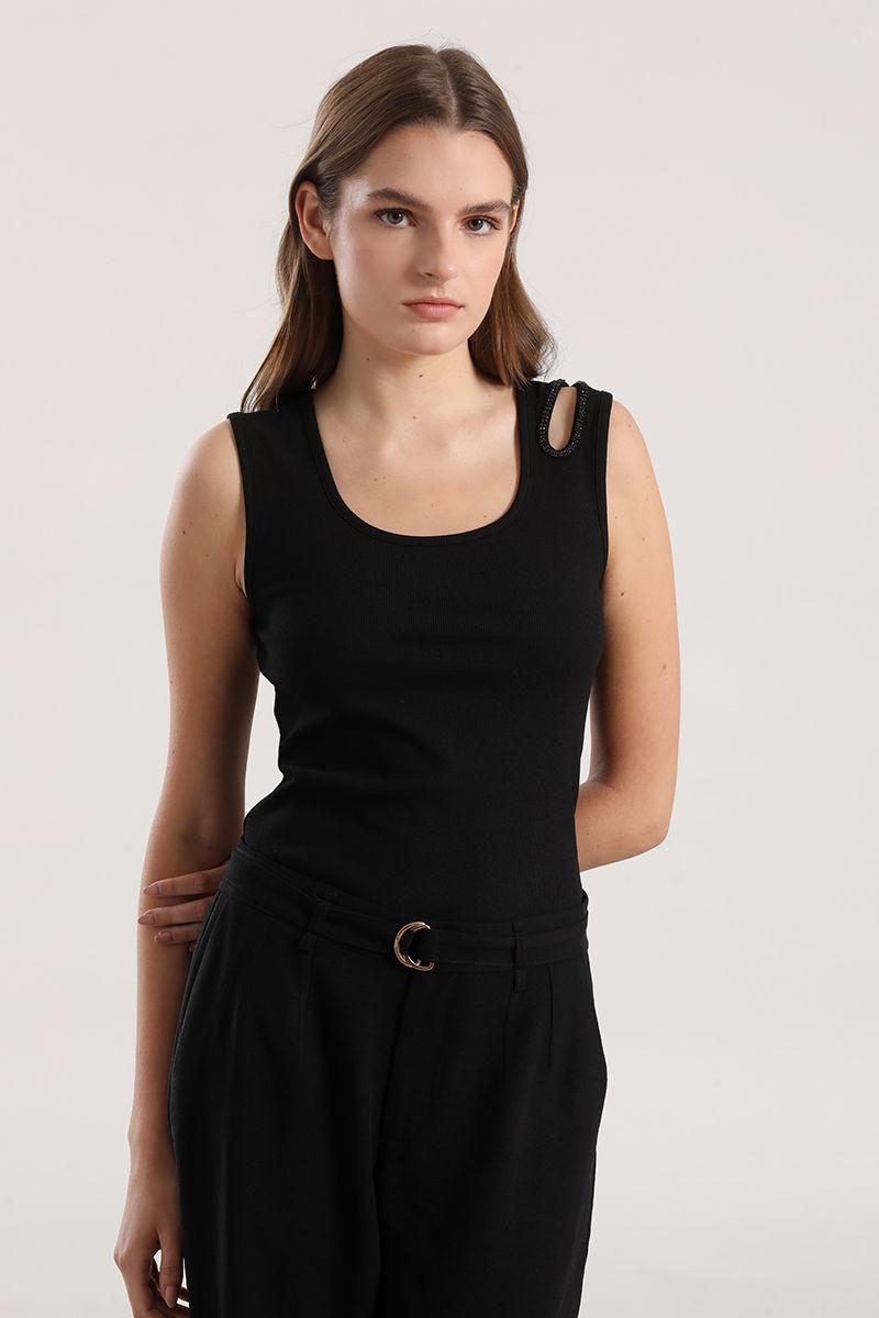 Top abertura strass mujer Liola negro-4