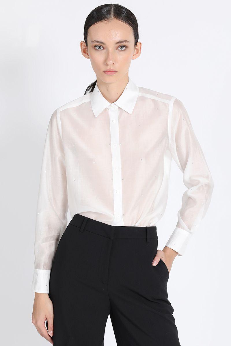 Camisa Semi Transparente Con Strass, Crudo Liola-0
