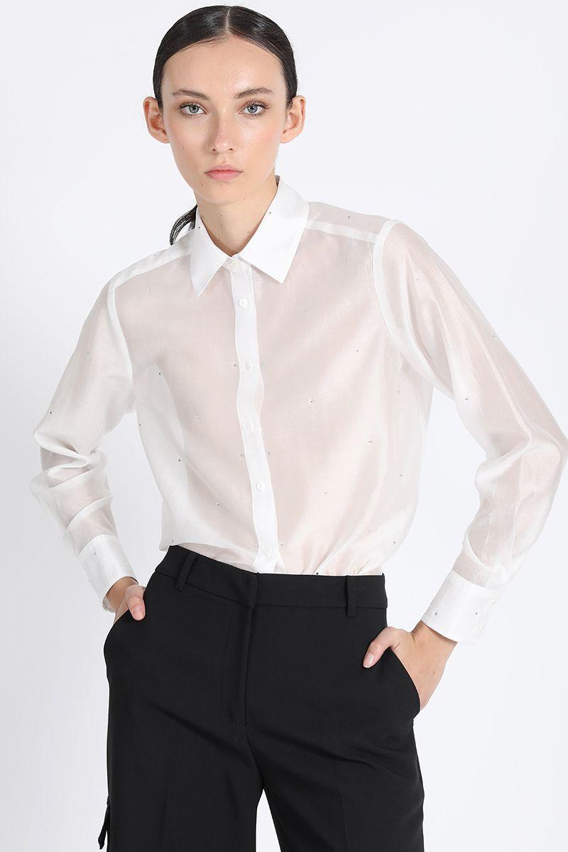 Camisa Semi Transparente Con Strass, Crudo Liola-1