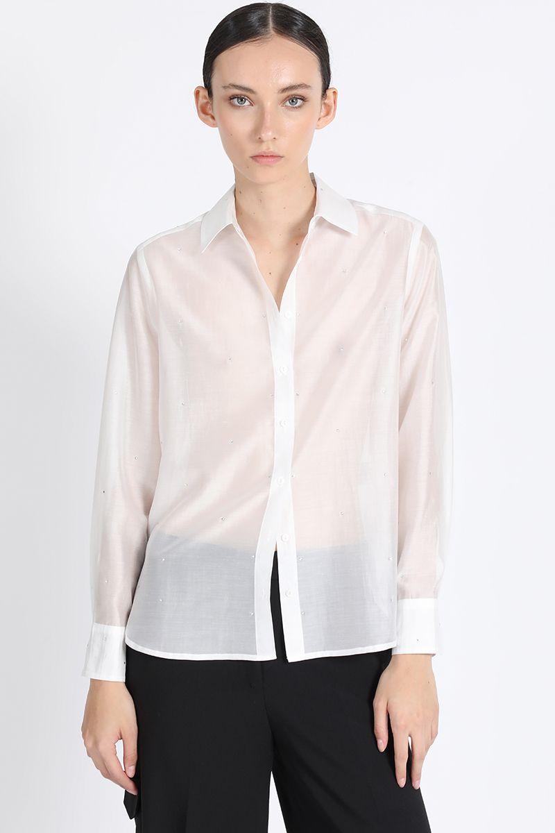 Camisa Semi Transparente Con Strass, Crudo Liola-4