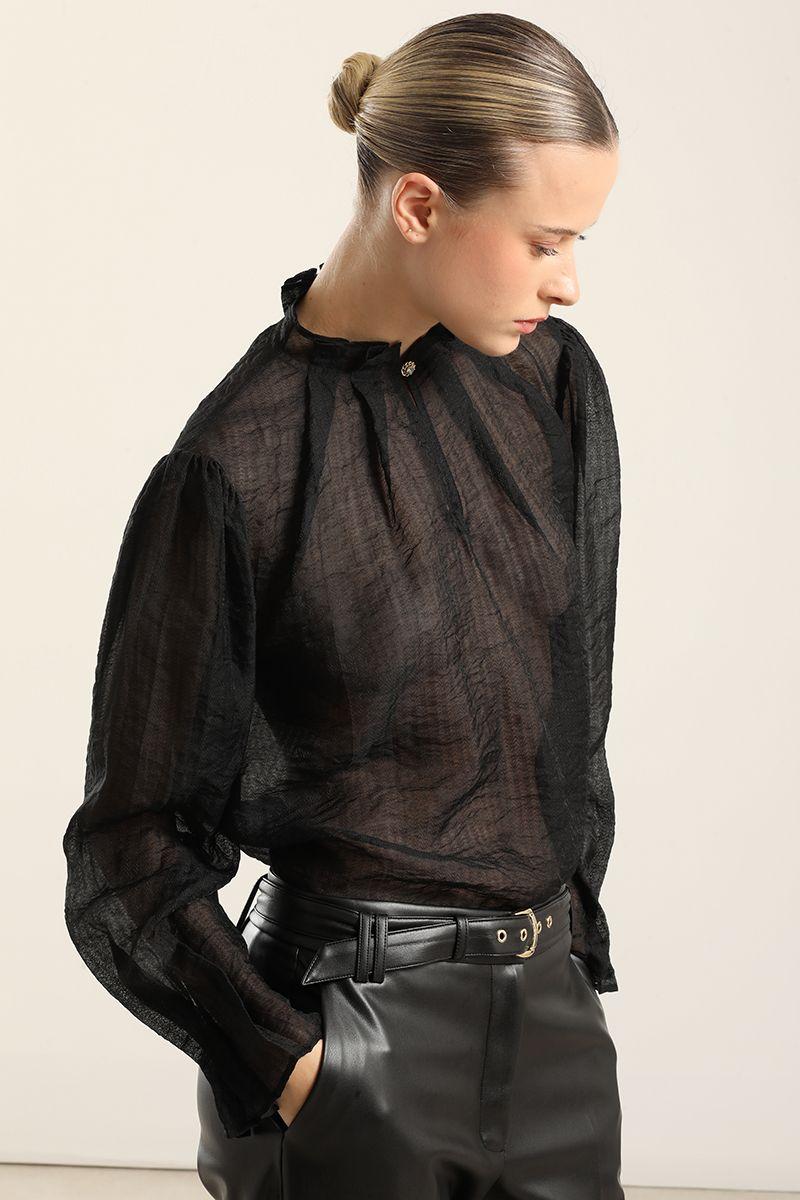 Blusa Semi Trasparente, Boton Joya, Negro Liola-6