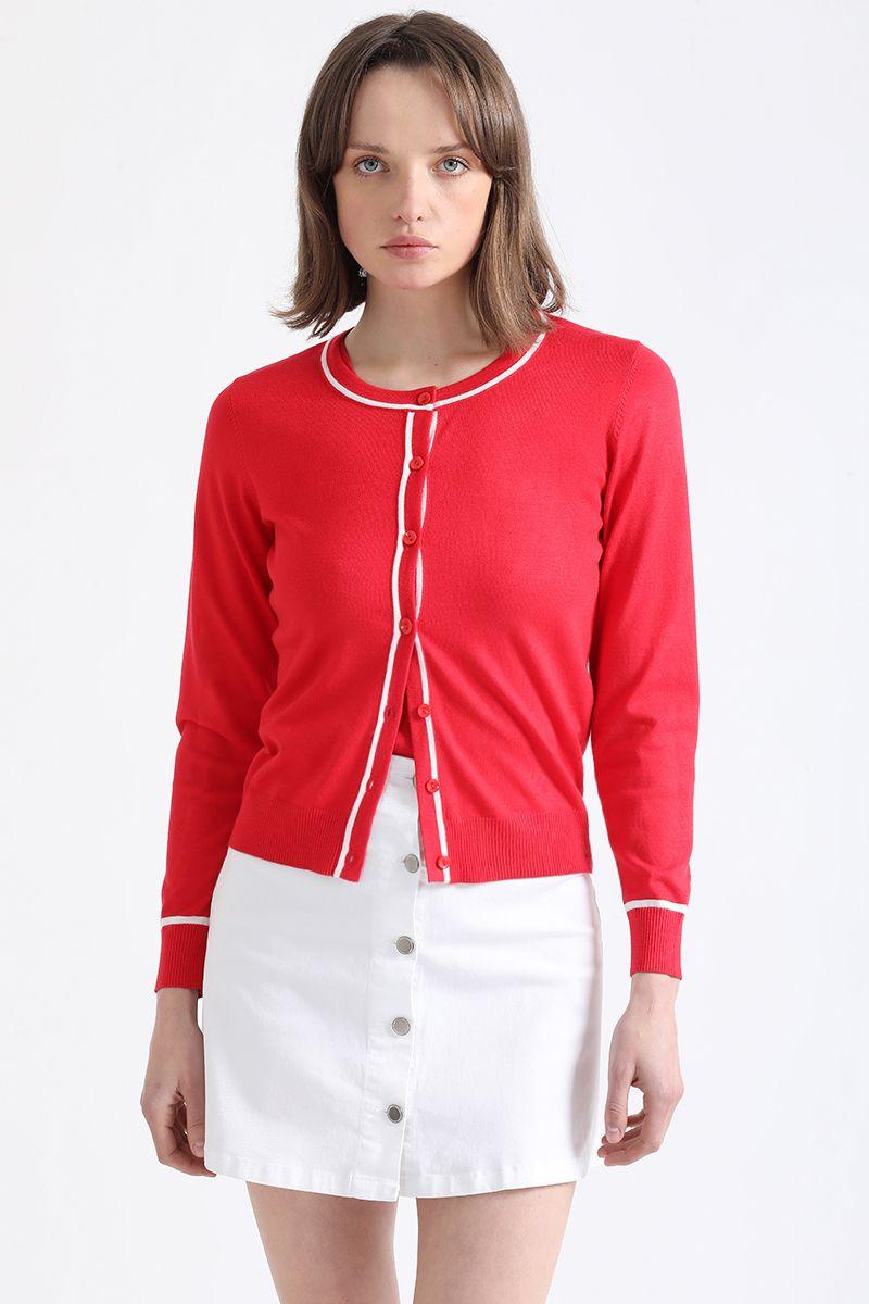 Cardigan Tejido Punto Bicolor, Rojo Liola-0