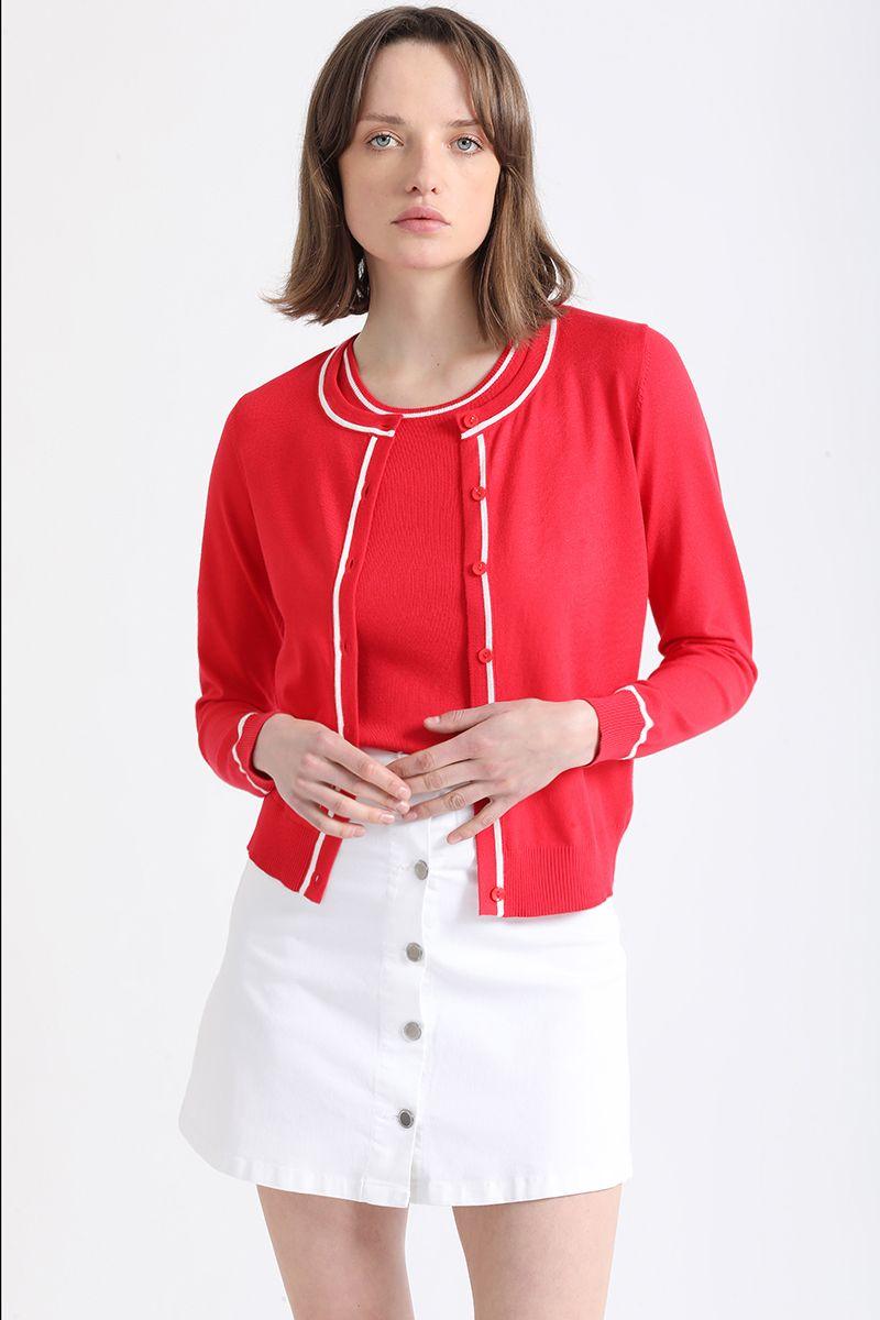 Cardigan Tejido Punto Bicolor, Rojo Liola-2