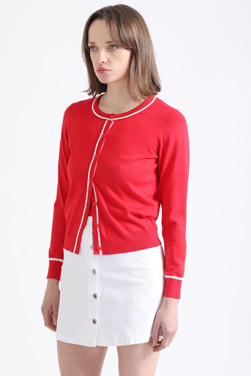 Cardigan Tejido Punto Bicolor, Rojo Liola-3