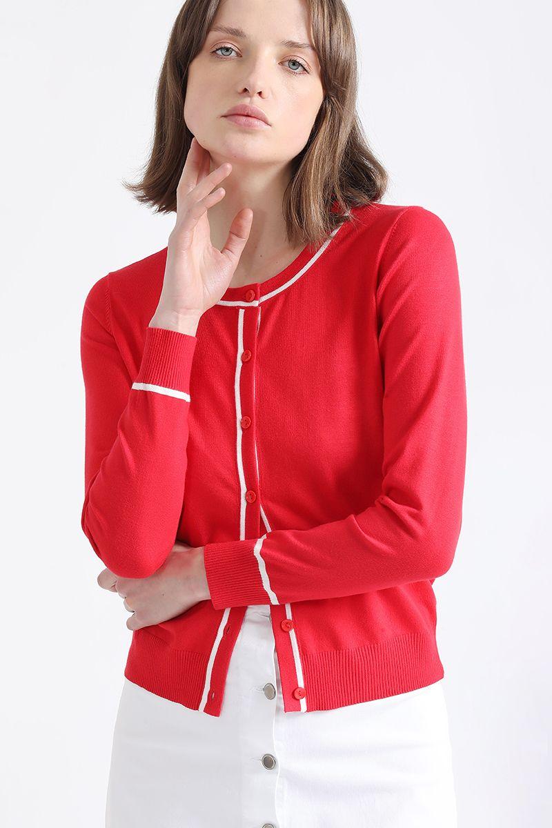Cardigan Tejido Punto Bicolor, Rojo Liola-4