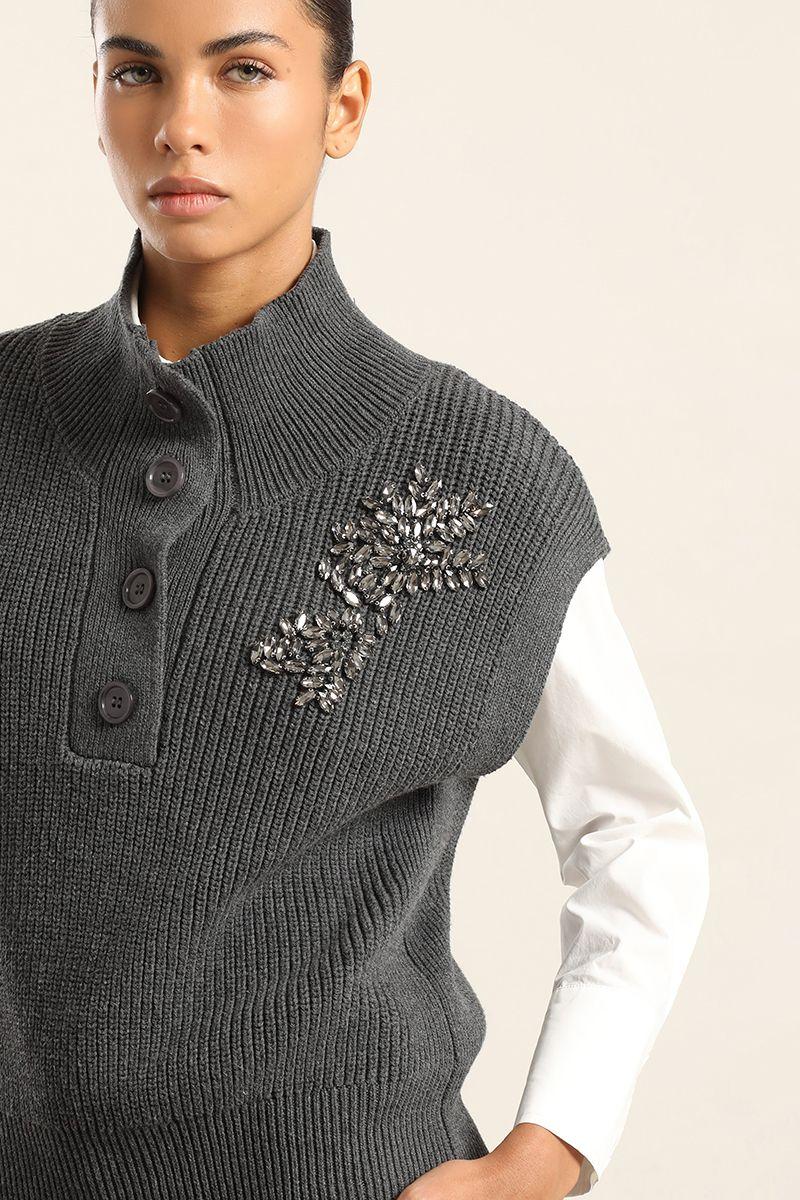 Chaleco Punto, Aplicacion Joya, Gris Liola-2