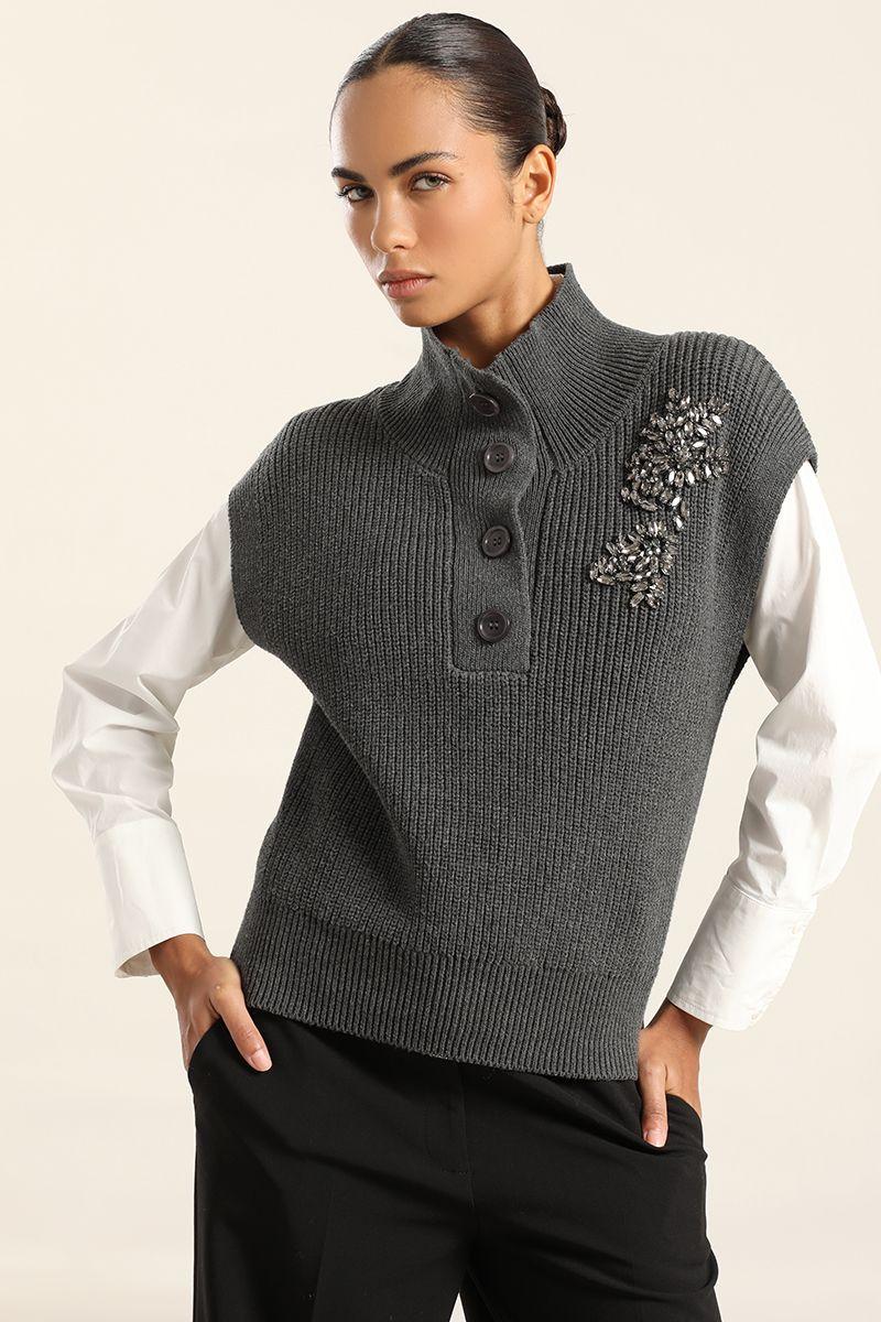 Chaleco Punto, Aplicacion Joya, Gris Liola-4