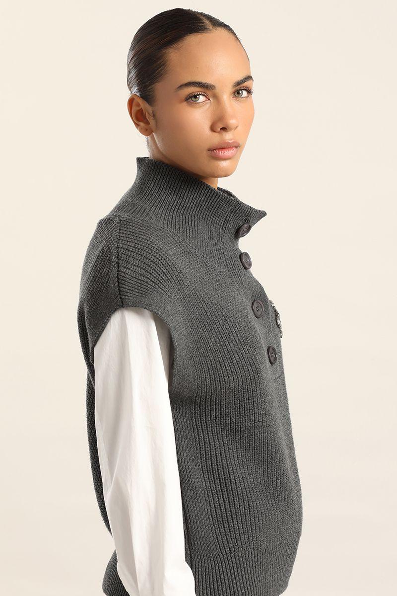 Chaleco Punto, Aplicacion Joya, Gris Liola-5