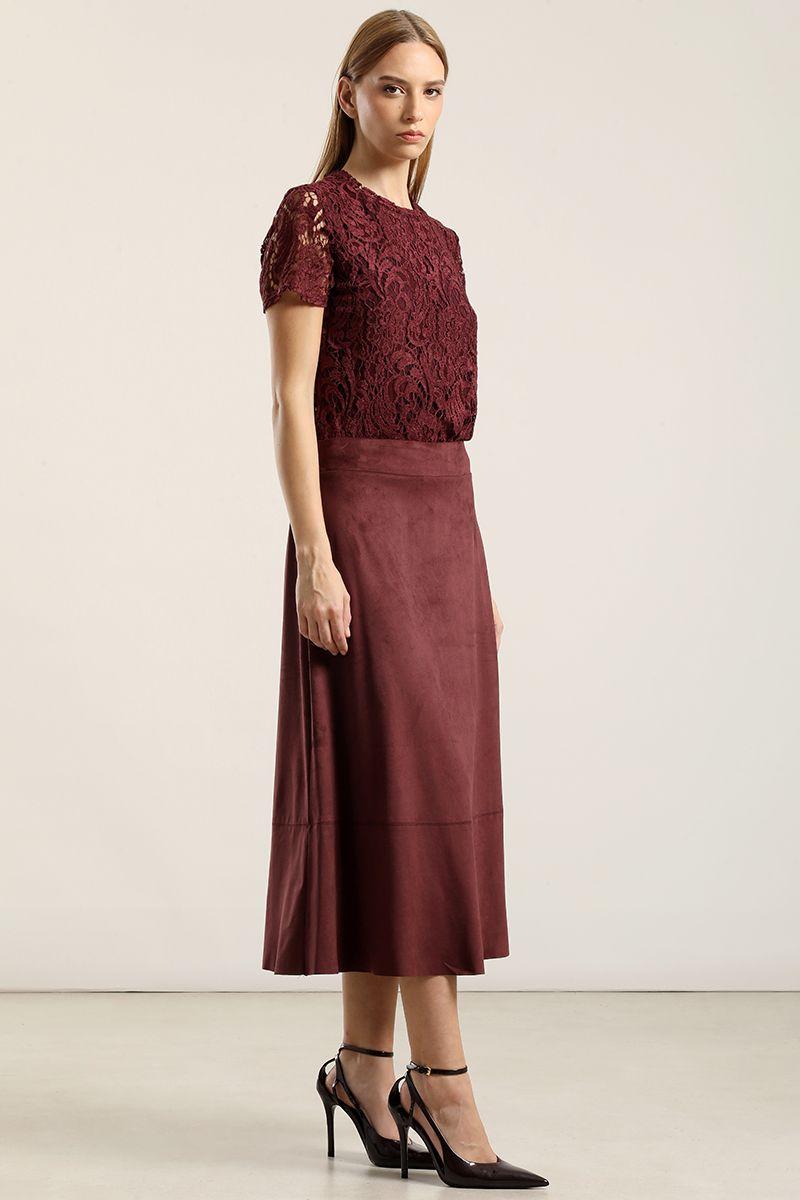 Falda larga, suede, burdeo Liola-4